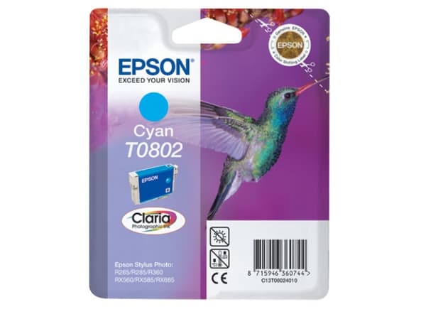 Epson T0802 - Cyan - original - blære med RF/lyd-alarm - blekkpatron - for Stylus Photo P50, PX650, PX660, PX700, PX710, PX720, PX730, PX800, PX810,