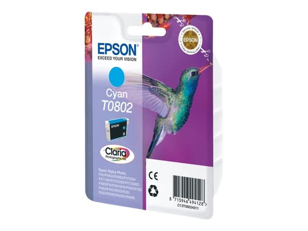 Epson T0802 - Cyan - original - blære med RF/lyd-alarm - blekkpatron - for Stylus Photo P50, PX650, PX660, PX700, PX710, PX720, PX730, PX800, PX810,