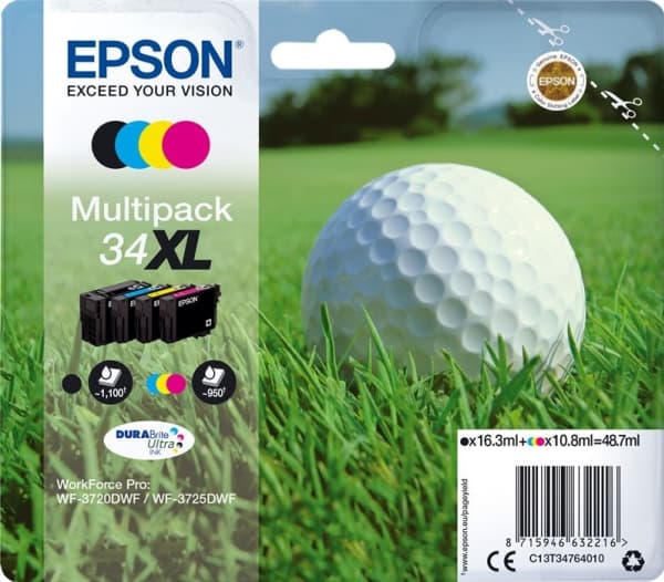 Epson 34XL - 4-pack - XL - svart, gul, cyan, magenta - original - blære med RF/lyd-alarm - blekkpatron - for WorkForce Pro WF-3720DWF, WF-3725DWF