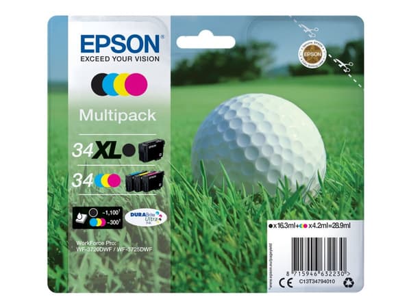 Epson 34XL - 4-pack - XL - svart, gul, cyan, magenta - original - blære med RF/lyd-alarm - blekkpatron - for WorkForce Pro WF-3720DWF, WF-3725DWF