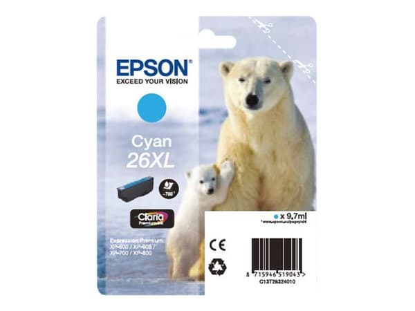 Epson 26XL - 9.7 ml - XL - cyan - original - blekkpatron - for Expression Premium XP-510, 520, 600, 605, 610, 615, 620, 625, 700, 710, 720, 800, 810,