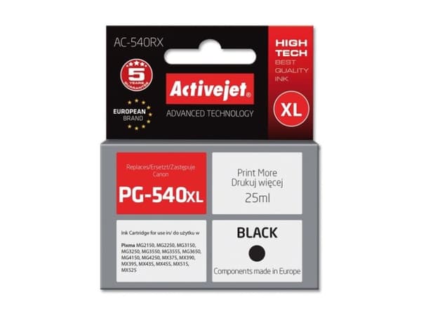 ActiveJet AC-540RX, Compatible, Pigmentbasert blekk, Svart, Canon, Canon PIXMA: MG2150, MG2250, MG3150, MG3250, MG3550, MG3650, MG4150, MG4520, MX375