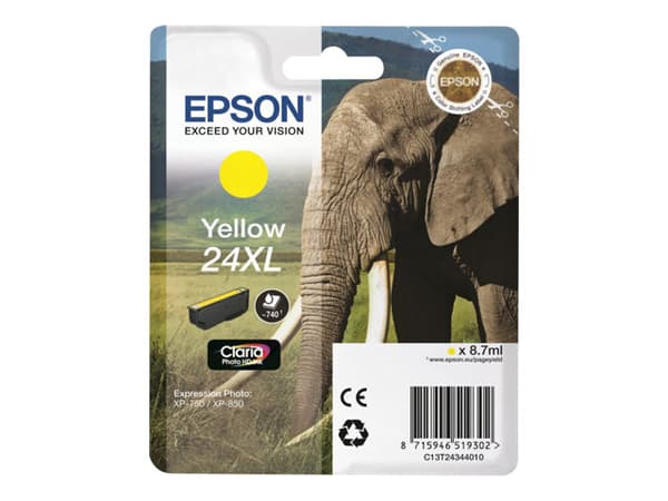 Epson Elephant Yksittäispakkaus, keltainen 24XL Claria Photo HD -muste, Korkea (XL) värintuotto, Väriainepohjainen muste, 8,7 ml, 740 sivua, 1 kpl