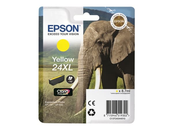 Epson Elephant Yksittäispakkaus, keltainen 24XL Claria Photo HD -muste, Korkea (XL) värintuotto, Väriainepohjainen muste, 8,7 ml, 740 sivua, 1 kpl
