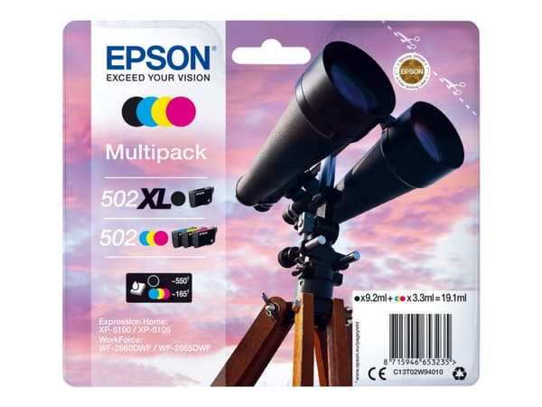 Epson 502XL Multipack - 4-pack - 19.1 ml - høykapasitets - svart, gul, cyan, magenta - original - blære med RF/lyd-alarm - blekkpatron - for Expressi