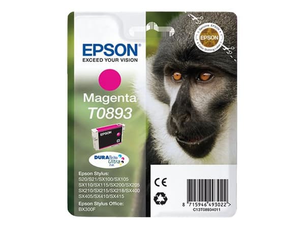 Epson T0893 - Magenta - original - blære med RF/lyd-alarm - blekkpatron - for Stylus S21, SX110, SX115, SX210, SX215, SX400, SX405, SX410, SX415; Sty