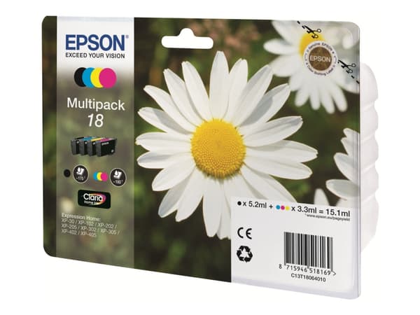 Epson Daisy Monipakkaus, 4 väriä 18 Claria Home -muste, Perusvärintuotto, 5,2 ml, 3,3 ml, 175 sivua, 1 kpl, Monipakkaus