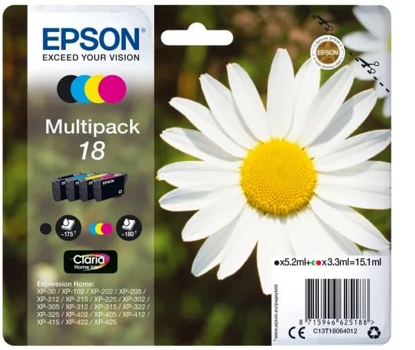 Epson 18 Multipack - 4-pack - svart, gul, cyan, magenta - original - blister - blekkpatron - for Expression Home XP-212, 215, 225, 312, 315, 322, 325