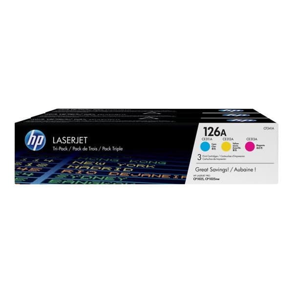 HP 126A-paket med 3 autentiska cyan / magenta / gula tonrar (CF341A) för HP LaserJet Pro 100 färg MFP M175 / 200 färg MFP M275 / CP1025