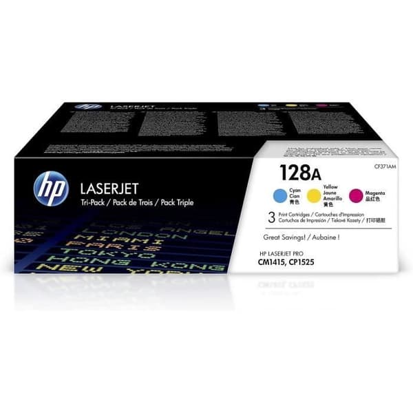 HP 128A-paket med 3 originella tonrar (CF371AM) för HP Color LaserJet Pro CM1415, CP1521 / CP1522 / CP1523 / CP1525 / CP1526 / CP1527 / CP1528