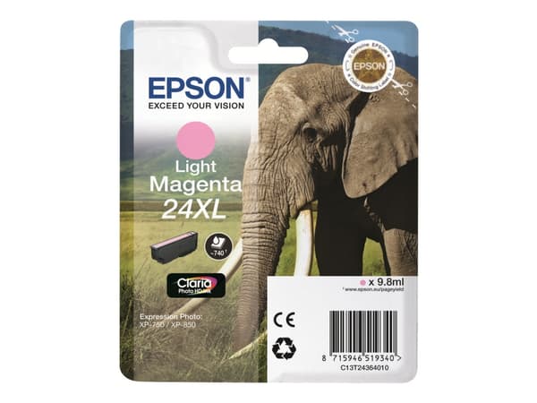 Epson Elephant Yksittäispakkaus, vaalea magenta 24XL Claria Photo HD -muste, Korkea (XL) värintuotto, Väriainepohjainen muste, 9,8 ml, 740 sivua, 1 k