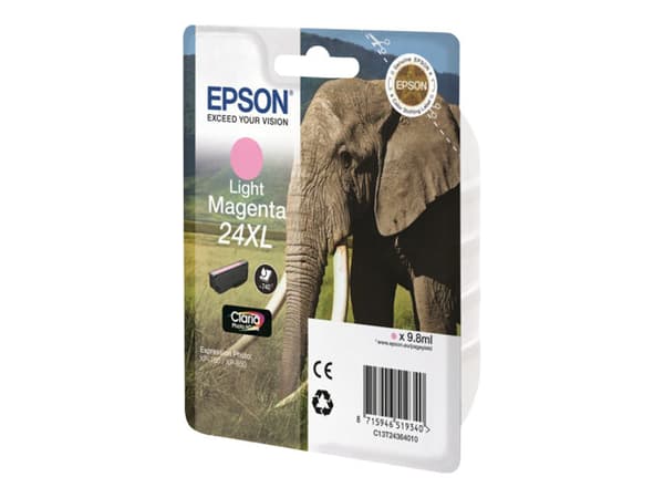 Epson Elephant Yksittäispakkaus, vaalea magenta 24XL Claria Photo HD -muste, Korkea (XL) värintuotto, Väriainepohjainen muste, 9,8 ml, 740 sivua, 1 k