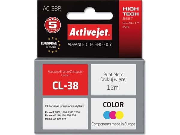 Activejet AC-38R, Korkea (XL) värintuotto, Väripohjainen muste, 12 ml, 1 kpl, Kertapakkaus