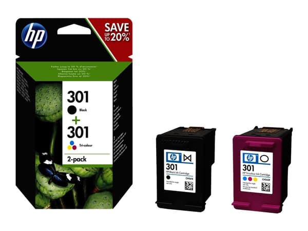 HP 301 - 2-pack - svart, farge (cyan, magenta, gul) - original - blekkpatron - for Deskjet 1050A J410, 1051A J410, 10XX, 10XX J410, 15XX, 2000, 2050