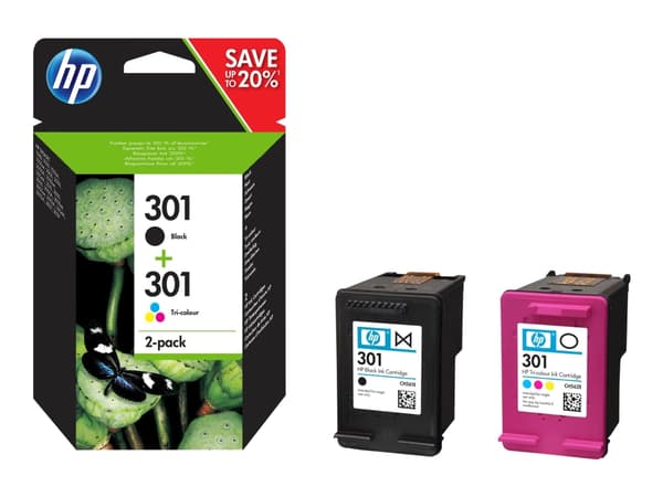 HP 301 - 2-pack - svart, farge (cyan, magenta, gul) - original - blekkpatron - for Deskjet 1050A J410, 1051A J410, 10XX, 10XX J410, 15XX, 2000, 2050