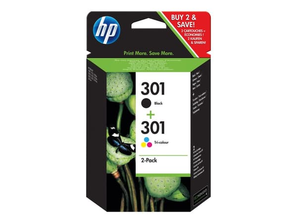 HP 301 - 2-pack - svart, farge (cyan, magenta, gul) - original - blekkpatron - for Deskjet 1050A J410, 1051A J410, 10XX, 10XX J410, 15XX, 2000, 2050
