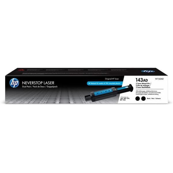 HP 143A-paket med 2 äkta Neverstop svart tonerpåfyllningssats (W1143AD), för HP Neverstop 1000/1200-serien