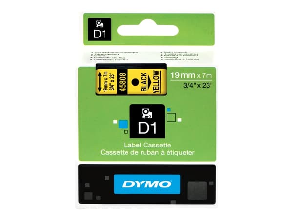 Teksttape, Dymo D1, 19 mm, sort/gul