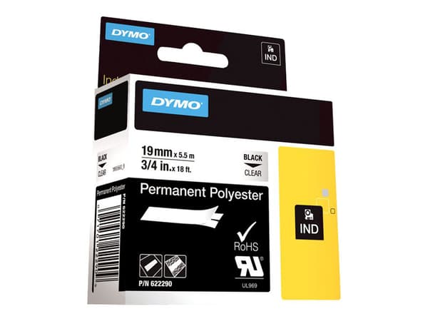 DYMO RhinoPRO Permanent Polyester - Polyester - permanent häftning - svart på klar - Roll (1.9 cm x 5.5 m) 1 kassett(er) tejp - för Rhino 5000, 6000;