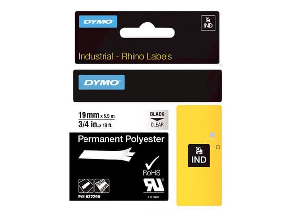 DYMO RhinoPRO Permanent Polyester - Polyester - permanent häftning - svart på klar - Roll (1.9 cm x 5.5 m) 1 kassett(er) tejp - för Rhino 5000, 6000;