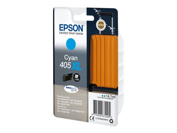 Epson 405XL - 14.7 ml - XL - cyan - original - blære med RF/lyd-alarm - blekkpatron - for WorkForce WF-7310, 7830, 7835, 7840; WorkForce Pro WF-3820,