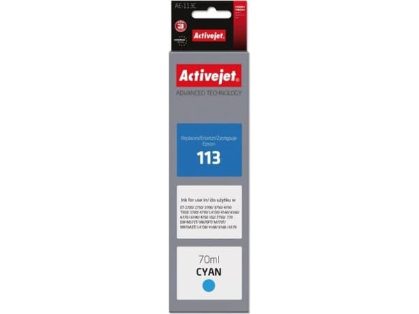 Activejet AE-113C, Standard utskriftsproduksjon, Cyan, Fargestoffbasert blekk, 70 ml, 1 stykker, Enkeltpakke