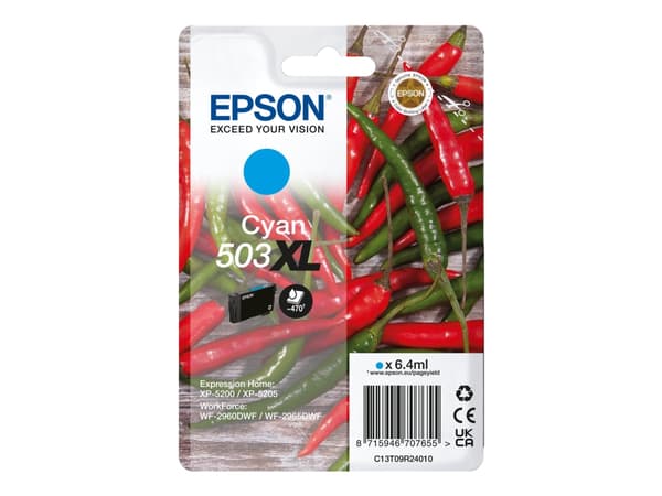 Epson 503XL - 6.4 ml - XL - cyan - original - blære med RF/lyd-alarm - blekkpatron - for Expression Home XP-5200, XP-5205; WorkForce WF-2960DWF, WF-2