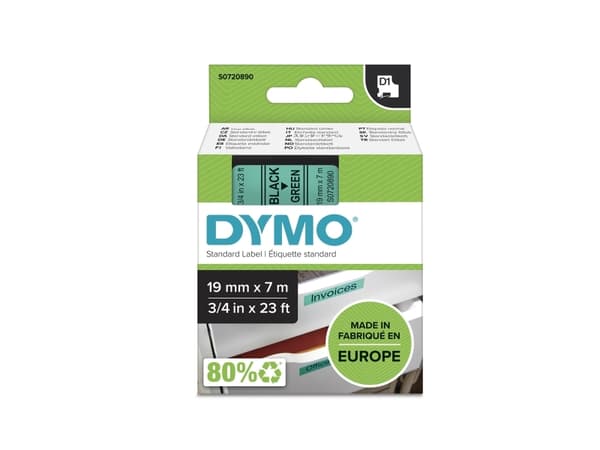 DYMO D1 - vakiopolyesteritarrat - Musta vihreällä -19mm x 7m, Musta vihreällä, Polyesteri, Belgia, -18 - 90 °C, DYMO, LabelManager, LabelWriter 450 D