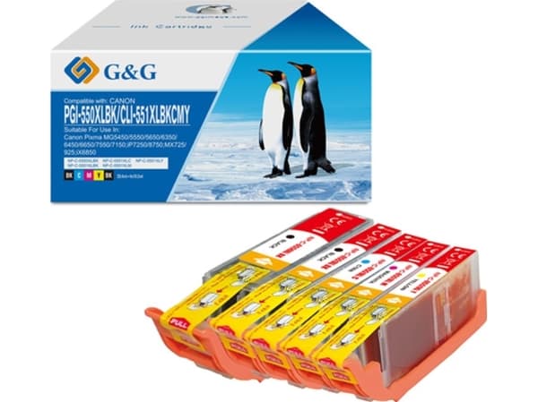 G&G G&G-kompatibelt blekk / blekk med PGI-550BK/CLI-551BK/C/M/Y, CMYK, 20,4 ml + 10,2 ml, ml NP-C-0550BK/551BK/C/M/Y, for Canon PIXMA MG5450