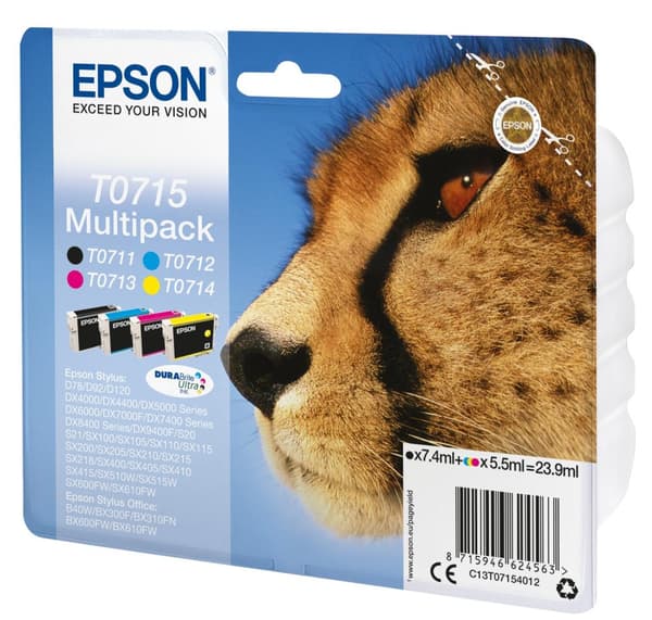 Epson T0715 Multipack - 4-pack - 23,9 ml - svart, gul, cyan, magenta - original - bläckpatron - för Stylus DX9400, SX115, SX210, SX215, SX218, SX415,