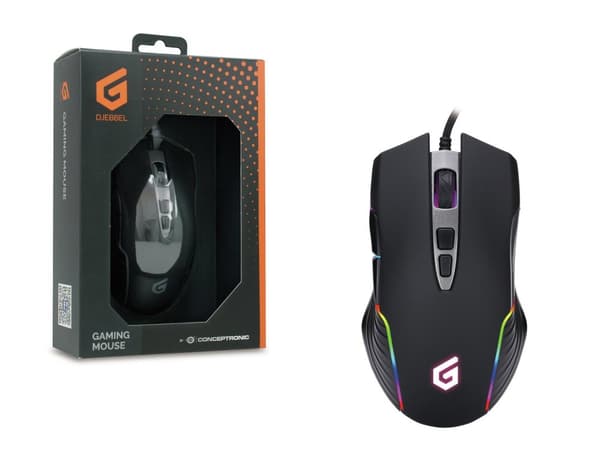 Conceptronic DJEBBEL03B 7D USB-spelmus, justerbar upp till 7200 DPI, 7 programmerbara knappar (endast Windows), högkänslig IC-sensor, gummerad yta, 1,