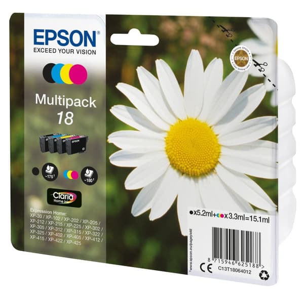 Epson 18 Multipack - 4-pak - 15,1 ml - sort, gul, cyan, magenta - original - blækpatron - til Expression Home XP-212, 215, 225, 312, 315, 322, 325, 41
