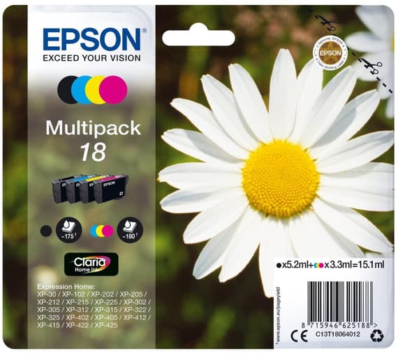 Epson 18 Multipack - 4-pak - 15,1 ml - sort, gul, cyan, magenta - original - blækpatron - til Expression Home XP-212, 215, 225, 312, 315, 322, 325, 41