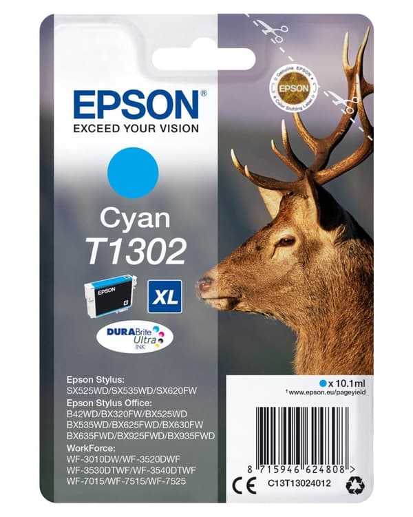 Epson T1302 - 10,1 ml - cyan - original - blister med RF / akustisk larmsignal - bläckpatron - för Stylus Office BX535, BX630, BX635, BX935, WorkForce