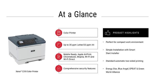 Xerox C310V_DNI - skrivare - färg - duplex - laser - A4/Legal - 1200 x 1200 dpi - upp till 33 sidor/min. (monokrom)/upp till 33 sidor/min. (färg) - Ka Blå, Vit