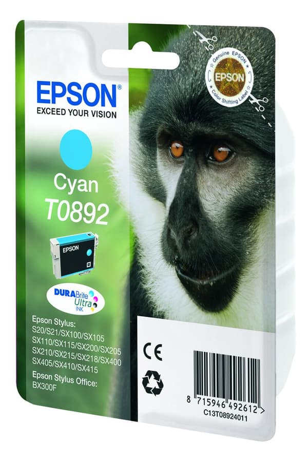 Epson T0892 - printerpatron - 1 x cyan - blisteremballage - til Stylus S21, SX105, SX110, SX115, SX210, SX215, SX400, SX410, SX415, Stylus Office BX30