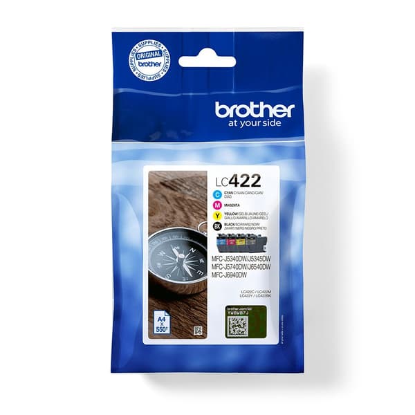 BROTHER Black Cyan Magenta og Yellow Ink Cartridges Multipack Hver patron udskriver op til 550 sider - DR-version (LC422VALDR)