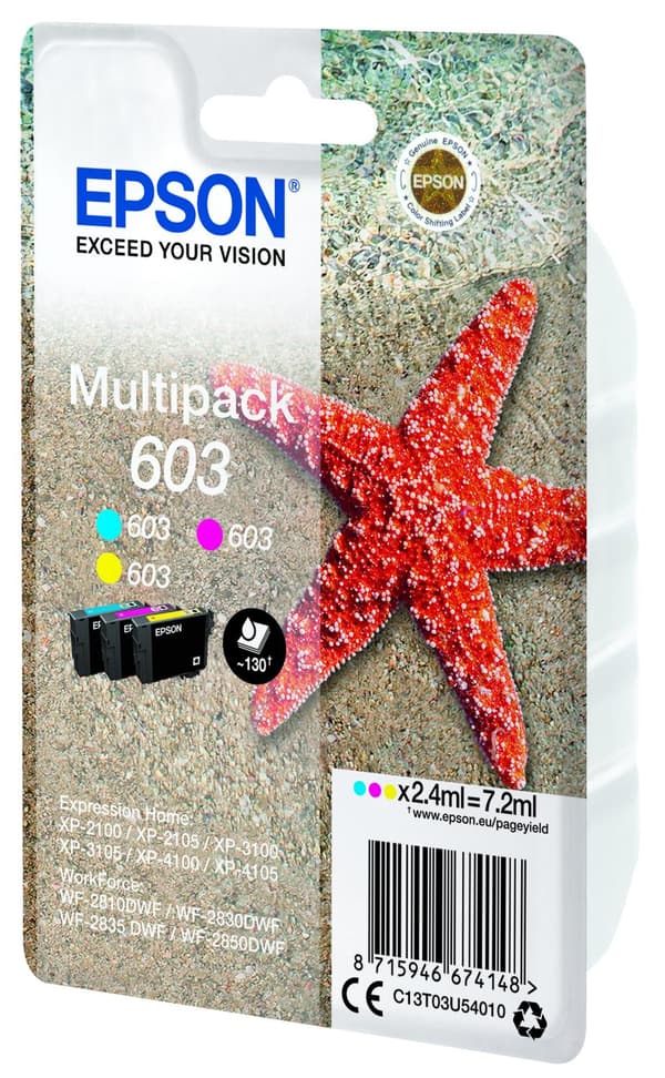 Epson 603 Multipack - 3 - keltainen, syaani, magenta - alkuperäinen - läpipainopakkaus - mustepatruuna - malleihin Expression Home XP-2100, 2105, 3100