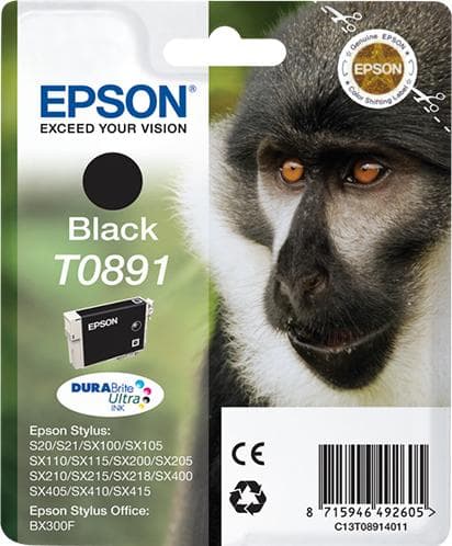 Epson T0891 - skrivarkassett - 1 x svart - blisterförpackning - för Stylus S21, SX105, SX110, SX115, SX210, SX215, SX400, SX410, SX415, Stylus Office
