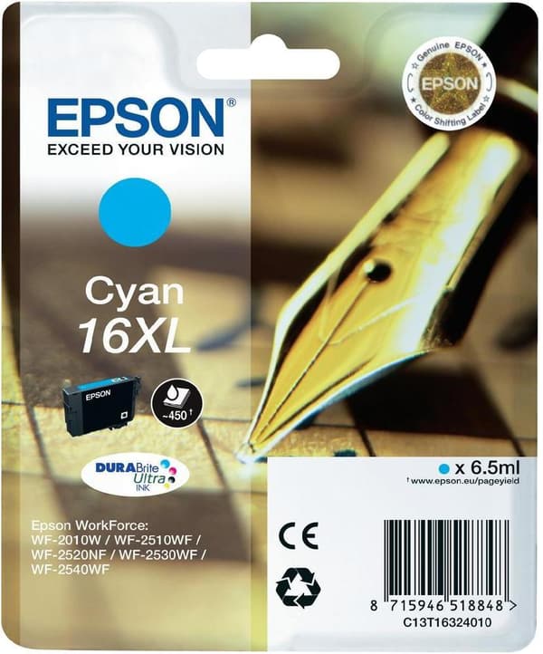 Epson 16XL - XL størrelse - cyan - original - blækpatron - til WorkForce WF-2010, WF-2510, WF-2520, WF-2530, WF-2540, WF-2630, WF-2650, WF-2660 (C243T