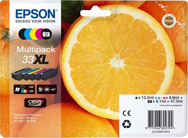 Epson 33XL Multipack - 5 kpl - 47 ml - XL - musta, keltainen, syaani, magenta, valokuvamusta - alkuperäinen - läpipainopakkaus - mustepatruuna - Expre