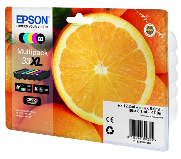 Epson 33XL Multipack - 5 kpl - 47 ml - XL - musta, keltainen, syaani, magenta, valokuvamusta - alkuperäinen - läpipainopakkaus - mustepatruuna - Expre
