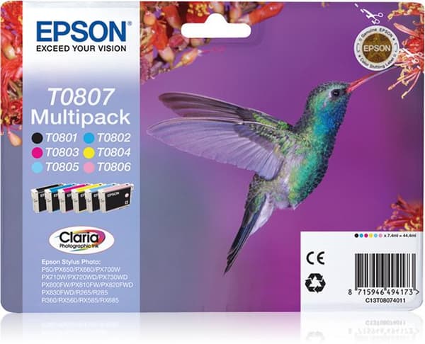 Epson T0807 monipakkaus - musta, keltainen, syaani, magenta, vaalea magenta, vaalea syaani - alkuperäinen - läpipainopakkaus RF / akustisella hälytyss