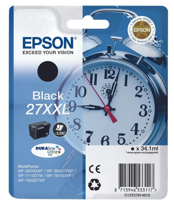 Epson 27XXL - skrivarkassett - storlek XXL - 1 x svart - 2200 sidor - blisterförpackning - för WorkForce WF-7620DTWF (C13T27914010)