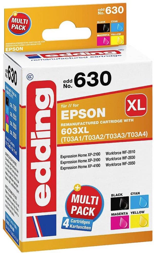 Edding Ink Combo Pack korvaa Epson 603XL (T03A1/A2/A3/A4) -yhteensopivan musta, syaani, magenta, keltainen EDD-630 18-630
