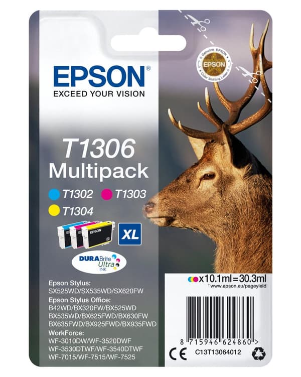 Epson T1306 Multipack - 3-pack - 30,3 ml - XL - Gul, Cyan, Magenta - Original - Blister med RF / hörbart larm - Bläckpatron - för Stylus Office BX630,