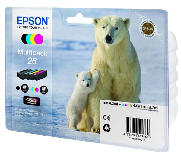 Epson 26 Multipack - 4 kpl - musta, keltainen, syaani, magenta - alkuperäinen - mustepatruuna - malleihin Expression Photo XP-760, Expression Premium