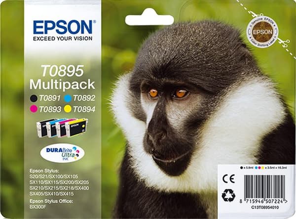 Epson T0895 Multipack - musta, keltainen, syaani, magenta - alkuperäinen - läpipainopakkaus - mustepatruuna - malleihin Stylus S21, SX100, SX105, SX11