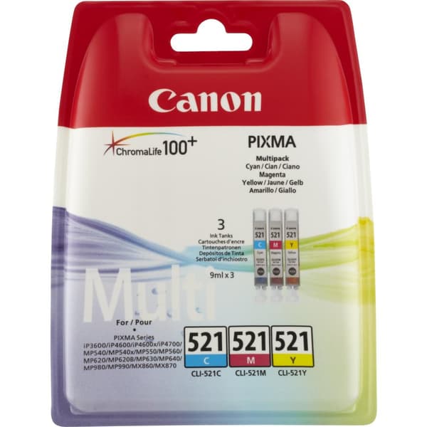 Canon CLI-521 multipack - bläcktank - 1 x gul, cyan, magenta - för PIXMA iP3600, iP4700, MP540, MP550, MP560, MP620, MP630, MP640, MP980, MP990, MX860