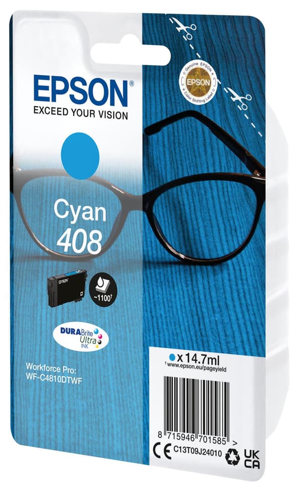 Epson 408 - 14,7 ml - suuri kapasiteetti - syaani - alkuperäinen - läpipainopakkaus - mustepatruuna - WorkForce WF-7830, WF-7840, WorkForce Pro WF-382